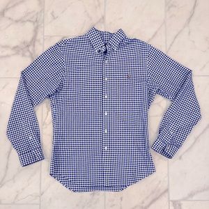 Barely worn blue gingham Ralph Lauren Oxford, slim medium; no defects
